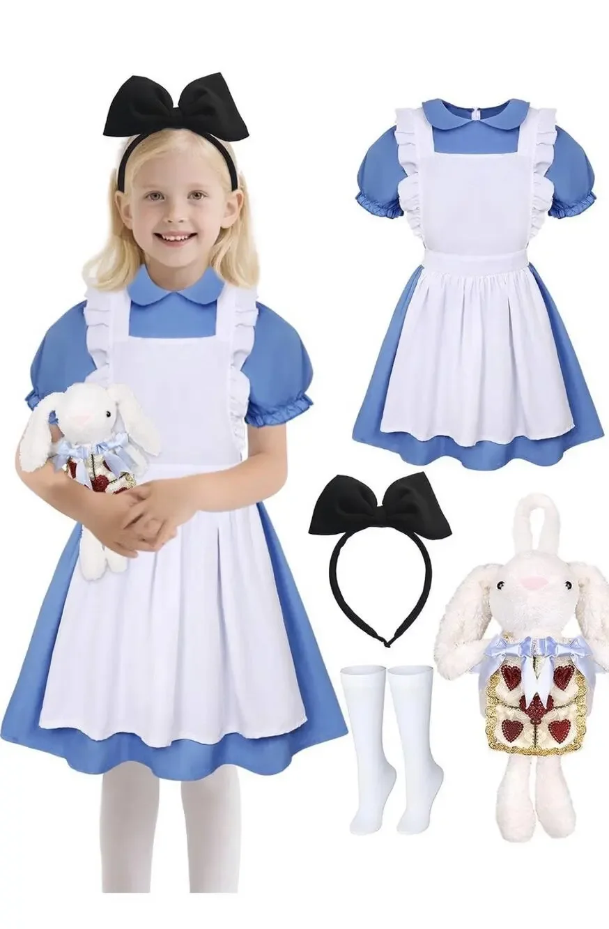Alice in Wonderland Kids Costume Dress Apron Rabbit Headband Socks 7-9 Yrs